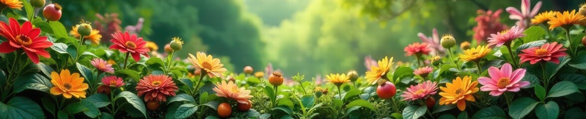 Obraz premium A lush, vibrant garden overflowing with blooming flowers and ripening fruits, representing growth and abundance; a treasure of nature's bounty , berries, organic