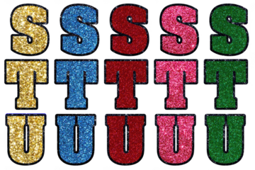Sparkling alphabet letters s t u in a vibrant rainbow of glittery colors forming a grid pattern transparent background