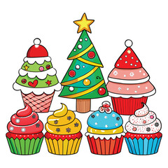 A cute set of vector cupcakes with a Christmas celebration pattern and sweet cherry cream illustration