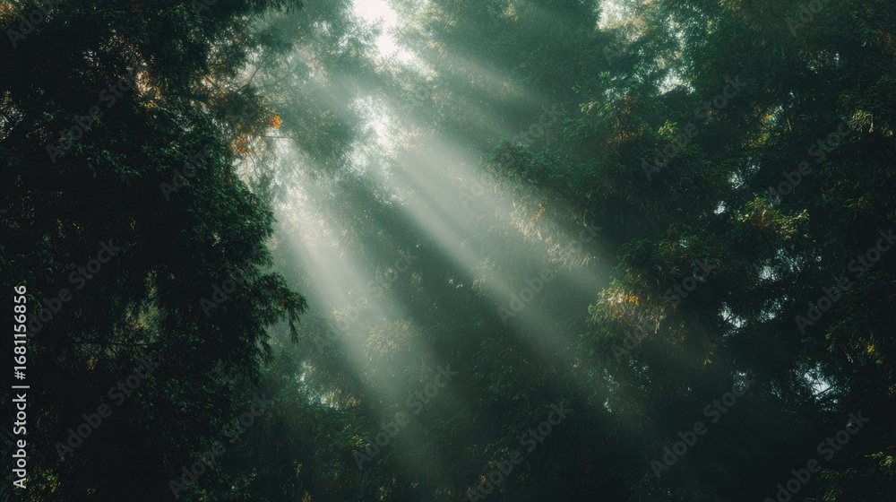 Poster sunlight streams through dense foliage, creating serene and myst