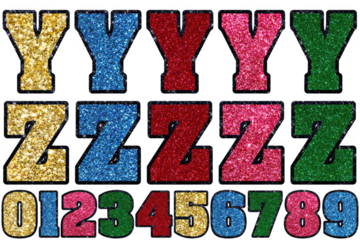 Alphabet letters y and z plus numbers 0-9 displayed in vibrant glittering colors transparent background