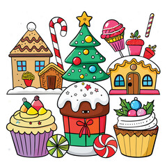 A festive set of cute Christmas cupcakes and cakes decorated with cherry, chocolate, and cream in a seamless vector illustration