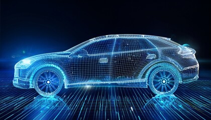 futuristic car wireframe hologram on a digital grid illuminated by blue neon lighting representing technology innovation and automotive design