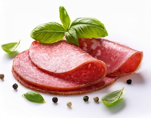 salami slices with basil and pepper on white background