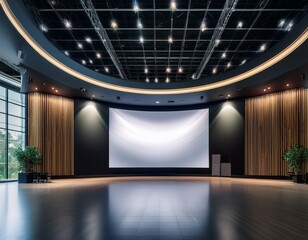 a spacious modern exhibition hall with a large curved screen ideal for presentations showcasing art or film screenings