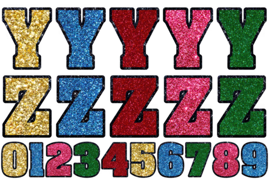 Alphabet letters y and z plus numbers 0-9 displayed in vibrant glittering colors transparent background
