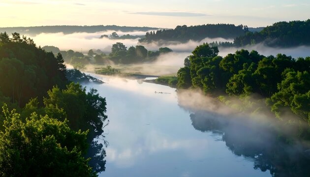 Misty morning over a river flowing through a lush green valley