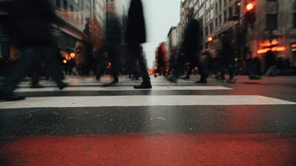 Crowded urban crosswalk with blurred pedestrians creating dynami