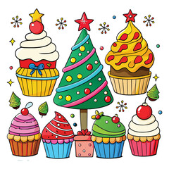 Cute vector cartoon cupcakes with cherry and chocolate cream decorations in a seamless sweet birthday party pattern