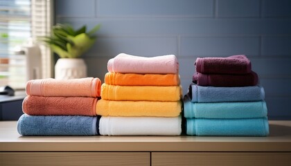 colorful folded towels stacked in a laundry room