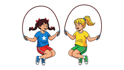Joyful Duo's Jump Rope Game: Two young girls, full of energy and laughter, engaged in a vibrant jump rope activity, their colorful outfits adding to the playful scene. The image evokes childhood fun.