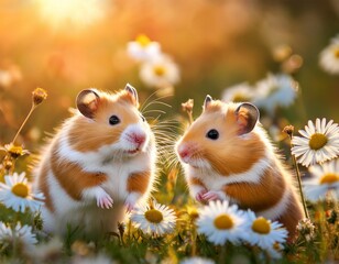 in a sunlit meadow filled with daisies cheerful hamsters explore their vibrant surroundings exuding a sense of joy and wonder