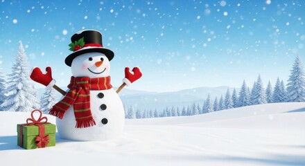 Obraz premium Joyful Snowman in Snowy Winter Landscape with Gift.
