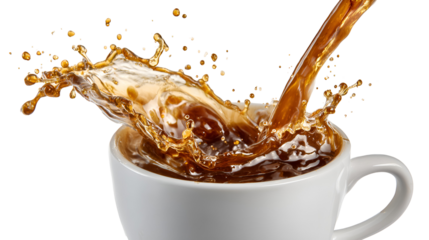 Coffee splashing out of a white mug isolated on transparent background