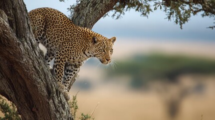 Obraz premium Leopard Perched in Tree: A stunning leopard, with its signature spotted coat, is perched gracefully in a tree, surveying its surroundings in a moment of watchful anticipation.
