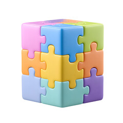 Colorful interlocking puzzle cube assembled from pastel colored pieces isolated on transparent background