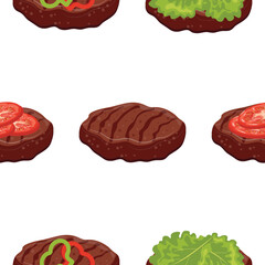 pattern with simple vector icon of grilled fried round patty with various chopped vegetables for burgers or hamburgers, for various food or fast food designs