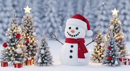 Fototapeta premium Festive Winter Wonderland Scene with Happy Snowman, Illuminated Christmas Trees, and Falling Snow