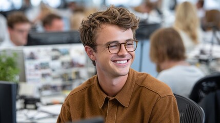 Happy intern engaged in learning from mentor at a bustling office desk during a productive workday