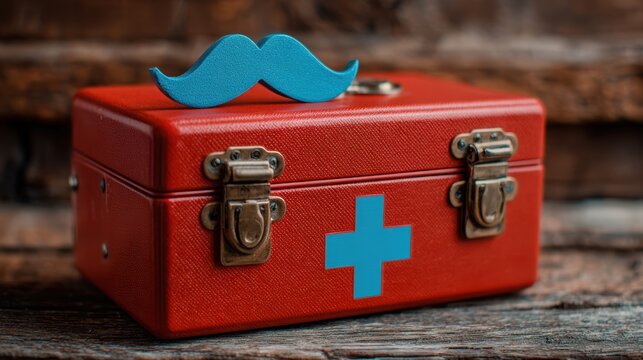 Mustache on First Aid Kit: An eye-level shot showcases a vintage, red first aid kit, proudly adorned with a charming blue mustache. It's a whimsical and lighthearted take on healthcare, safety.
