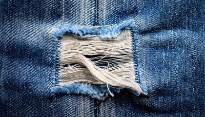 close up of distressed denim fabric with frayed edge