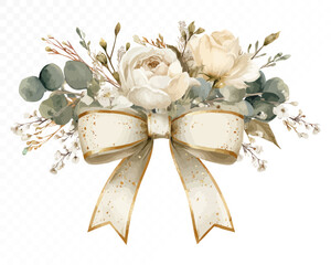 Elegant golden watercolor bow with white flower and eucalyptus greenery, festive floral clipart for weddings, Christmas decorations, holiday wrapping, and seasonal invitations. Vector illustration.