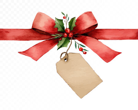 Bright red watercolor bow with holly berries and kraft paper tag, festive Christmas ribbon clipart for seasonal wrapping, holiday decorations, and winter invitations. Vector illustration.