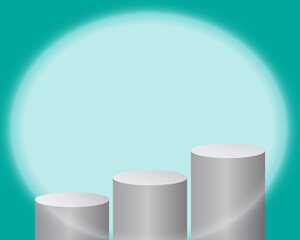Minimalist 3D silver podium with three cylinder stages on turquoise background, perfect for product display, awards, or achievement presentation.