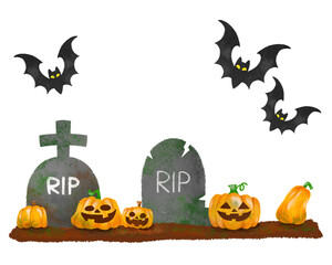 Watercolor Halloween Background, pumpkin, grave, bats, halloween illustration for banners, cards, flyers, social media wallpapers, etc.