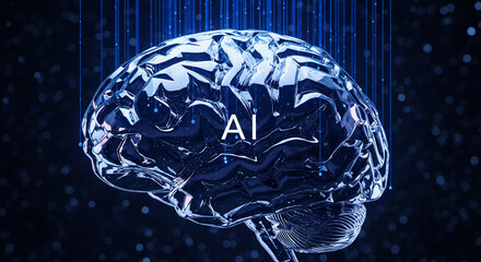 Glass brain model, AI concept, dark blue background, digital lines, symbolizes artificial intelligence, technology, and neural networks