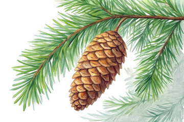 Detailed close-up of a pine cone hanging from a lush green fir tree branch transparent background