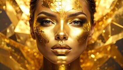 Close-up of a woman with gold paint on her face and neck.  Golden shards surround her