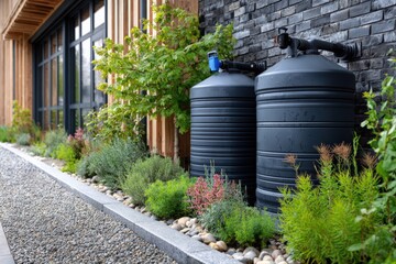 Rainwater collection system beside modern house with greenery Generative AI