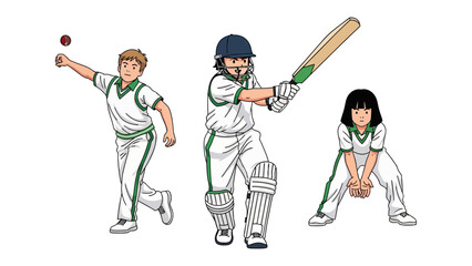 Cricket action illustration: dynamic illustration showcases the energy and skill of a cricketer. Featuring a bowler mid-throw, a batsman ready to hit, and a fielder poised for a catch.