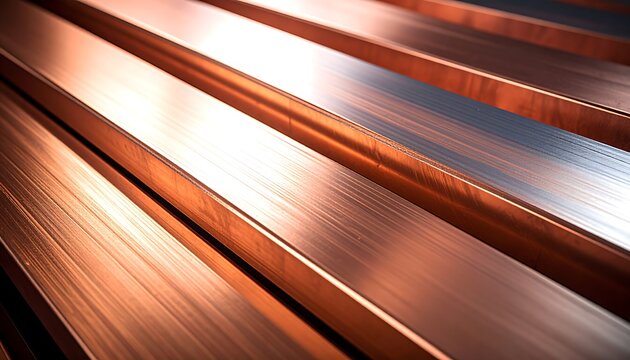 Parallel, polished copper bars; warm light highlights the metallic sheen and subtle texture