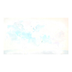 Watercolor world map with continents and oceans in pastel blue pink and purple hues on a white background