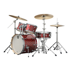 A maroon drum set with silver hardware and cymbals on a black background in a studio setting