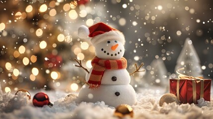 Obraz premium Charming snowman standing next to a beautifully decorated christmas tree in winter wonderland