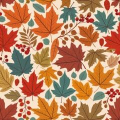 Obraz premium Vibrant Autumn Leaves Pattern with Colorful Foliage and Berries on a Cream Background for Seasonal Design