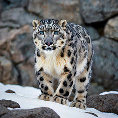 Obraz premium Snow leopard confidently walks on snowy rocks, showcasing its striking spotted fur and piercing blue eyes in a mountainous habitat