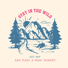 Vintage Forest Landscape with Road Mountain and Sun Illustration for tshirt, poster, and other uses