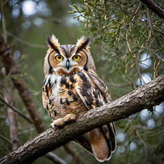 Obraz premium A majestic great horned owl perched on a tree branch in a forest with blurred green foliage in the background