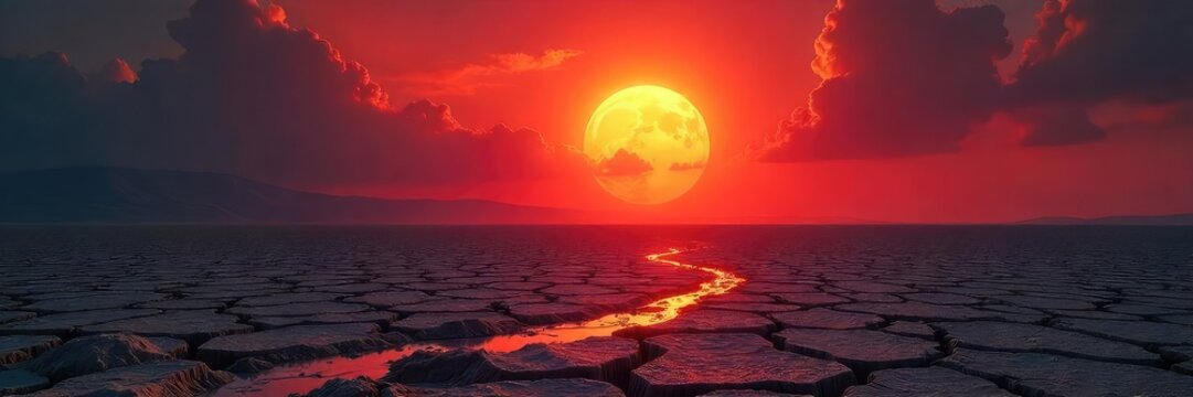 A desolate, cracked earth landscape under a fiery, red sun, symbolizing the effects of global warming and a runaway greenhouse effect ,  wasteland,  fiery sky