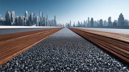 Obraz premium Modern road leading to futuristic city skyline with skyscrapers under clear blue sky, ideal for wallpaper and poster design featuring urban architecture aesthetic.
