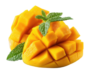 Two halves of a ripe mango, diced, topped with fresh mint leaves