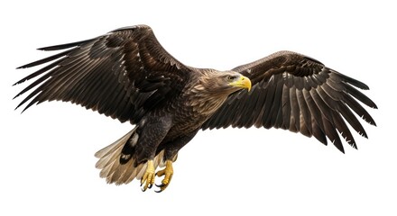 Obraz premium An eagle soars majestically through the sky, its powerful wings outstretched in full flight. Captured in exquisite detail, the bird's keen eyes, sharp beak.
