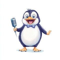 Obraz premium Playful of a Penguin Mascot Character Dressed in a Comedic Costume with Microphone and Bowtie Isolated on a Clean White Background for Use as a Logo or Design Element