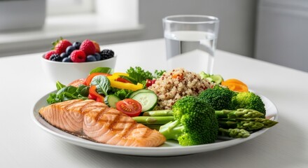 A vibrant and healthy meal arrangement showcases grilled salmon and a medley of fresh, colorful produce. This delicious and nutritious plate represents the balanced approach to good health.