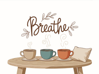 Calm and Relaxing Coffee Break Still Life Illustration with Breathe Lettering on Table with Pillow Creating Cozy Home Decor