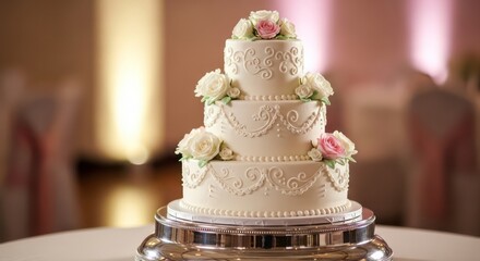 A stunning three-tiered cake, adorned with delicate floral arrangements, sits elegantly on a round, metallic cake stand, bathed in the soft glow of ambient lighting. A delicious.